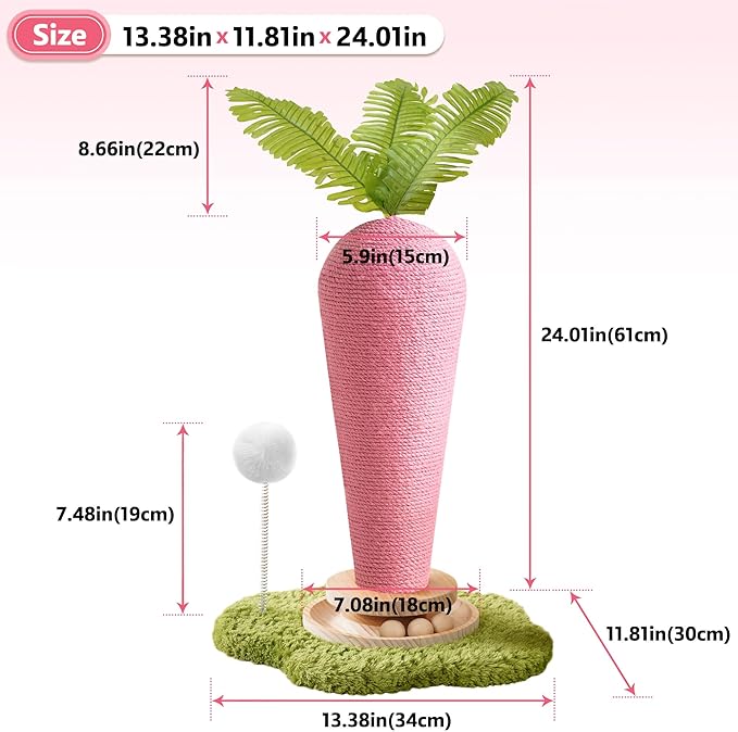 Cute Cat Scratching Post, Carrot Cat Scratcher Post with Durable Natural Wooden Turntable Toy and Catnip, 24'‘ H Carrot Shape Design Sisal Cat Tree Sisal Scratcher for Indoor Cats (Cloud Base)