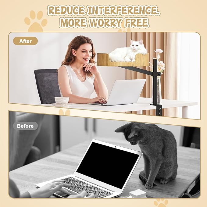 Spacocld Cat Desk Bed – Cat Bed for Indoor Cats with Adjustable Height&360° Rotation, Elevated Desk Cats Beds for Table, Desktop Cat's Hammock for Small Space, Wooden Cat's Bed Desktop Kitten