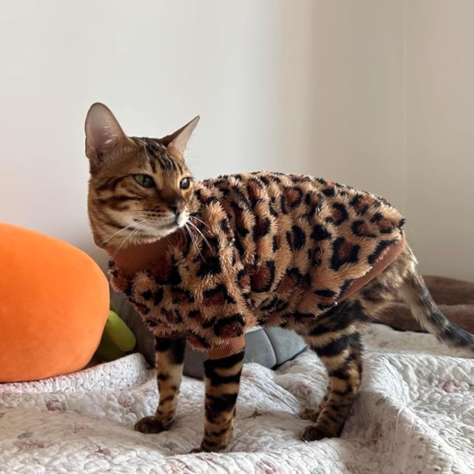 Cat Leopard Double-Sided Fleece Pullover, Soft Warm Clothes for Hairless Sphynx, Devon & All Indoor Kittens in Winter (Leopard,3XL)