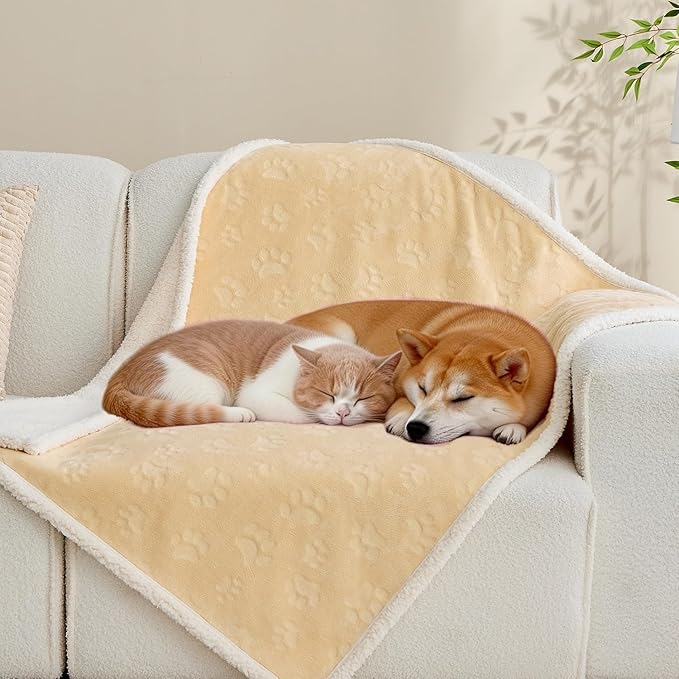 Qeils Pet Blankets for Cats - Waterproof Cat Blanket Washable - Sherpa Fleece Puppy Blanket, Soft Plush Reversible Throw Protector for Bed Couch Car Sofa, 40"X50", Khaki