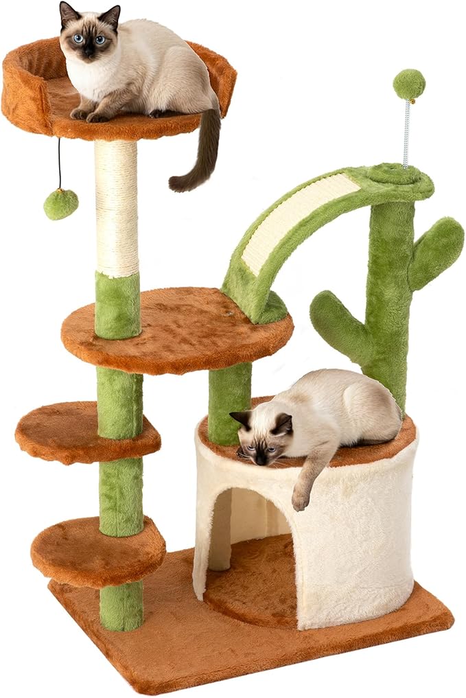 Cactus Cat Tree for Indoor Cats, 36.6" Small Cat Tower with Sisal Scratching Posts, Stable Cat Condo with Perches and Climbing Steps, Brown