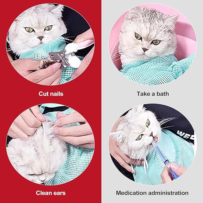 1-Pack Adjustable Breathable Mesh Cat Grooming Bag for Stress-Free Nail Trimming and Bathing Secure Handling Design Pet-Safe Material for Adult Cats Home Grooming Essential