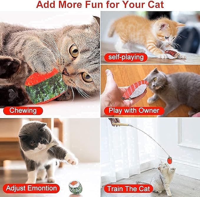 Catnip Toys, 8 Pack Kitten Toys for Indoor Cats, Bite Resistant Cat Chew Toy with Sushi Roll, Boredom Relief Fluffy Kitty Teeth Cleaning Chewing, Interactive Plush Gift