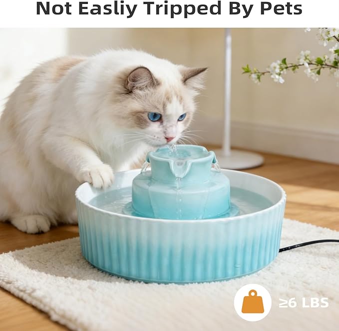 Ceramic Cat Water Fountain, 2.1L/71oz Cupcake Pet Water Fountain for Cats and Dogs, Automatic Pet Drinking Fountain,Double Filtration System, Easy to Clean, 360°Drinking Water(Gradient Blue)