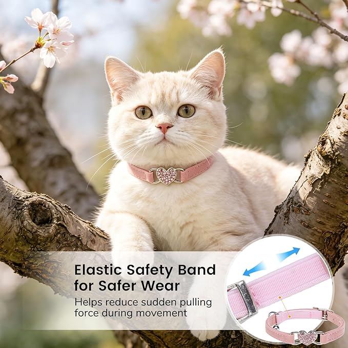 BINGPET Diamond Cat Collar,Adjustable Soft Velvet Leather Safe Kitten Collar with Crystal Heart Charm and Bells,Girl Boy Bling Stylish Cat Collars with Safety Elastic (Pink, Neck Girth 8"-10")