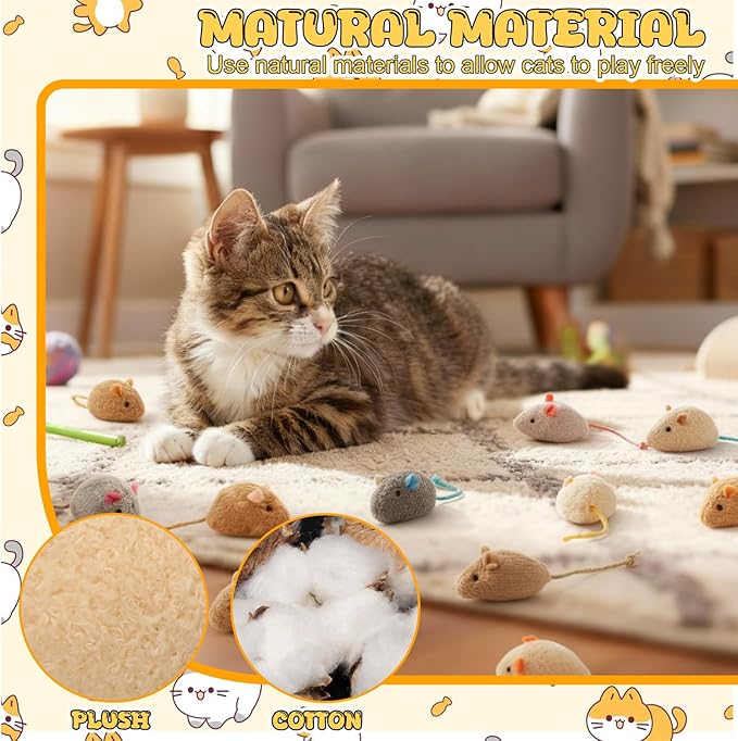 Leitee 51 Pcs Assorted Mice Cat Toys Bulk with Cat Paw Gift Storage Bags Set, Small Furry Mouse Kitten Toy for Indoor Cats, Interactive Play Color Varies (Plush Mice)