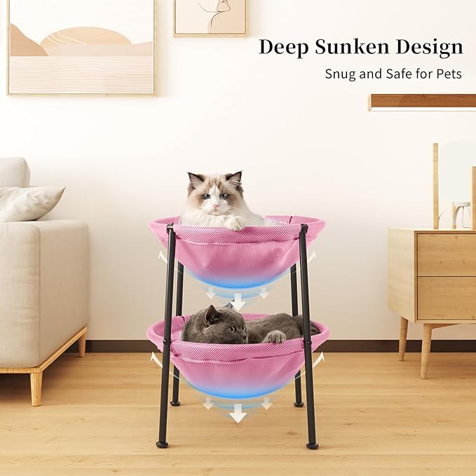 JUNSPOW Double Cat Bed Pink, Breathable Pet Bed for 2 Cats with 4 Adjustable Feet & Anti-Slip Mats, Easy Assembly Cat Hammock for Multi-cat Household, Indoors & Outdoors, 22.8 in x18.7 in x 18.7 in