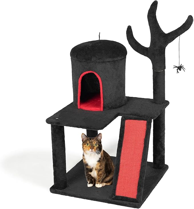 Outvita Gothic Cat Tree,42" Halloween Cat Tower Cat Tree with Spacious Cat Condo, Brach Shaped Scratching Post, Scratching Ladder, Spider Toy for Indoor Cats, Red & Black