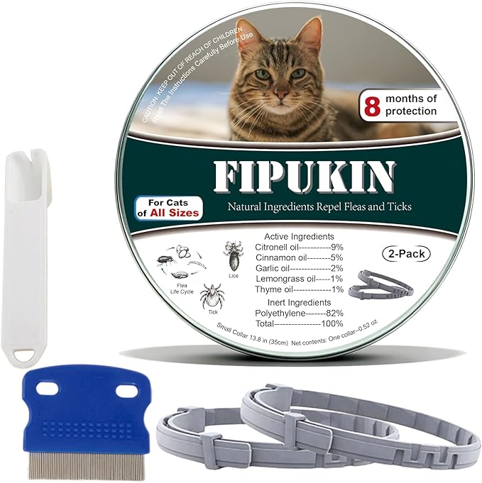 Natural Flea Collar for Cats | High‑Rated Plant‑Based Protection, 8‑Month Waterproof Formula | Includes Grooming Comb & Tick Removal Tool