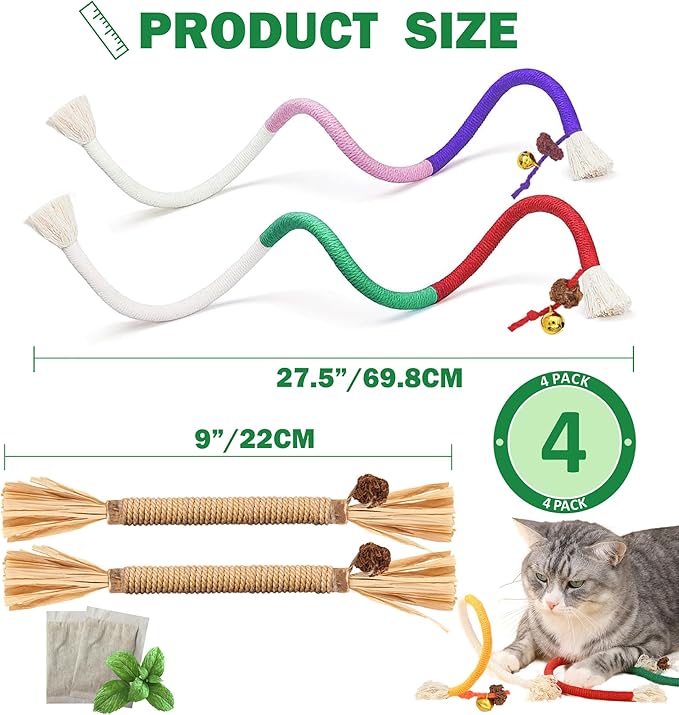 4Pcs Cat Chew Toys | 2 Silvervine Sticks & 2 Cat Cotton Rope Toys with Natural Catnip Stuffed Bags | Safe Tooth Cleaning Cats Indoor Toys | Silver vine Sticks & Catnip Rope Kitten Tooth Cleaning Toys