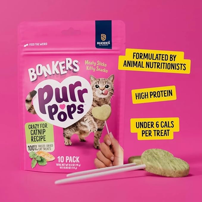 Bonkers Purrpops, Freeze Dried Crazy for Catnip Recipe Flavored Lollipop Cat Treats, for All Breeds and Ages 8 Pieces (2 Packs) with Cat Spring Toys