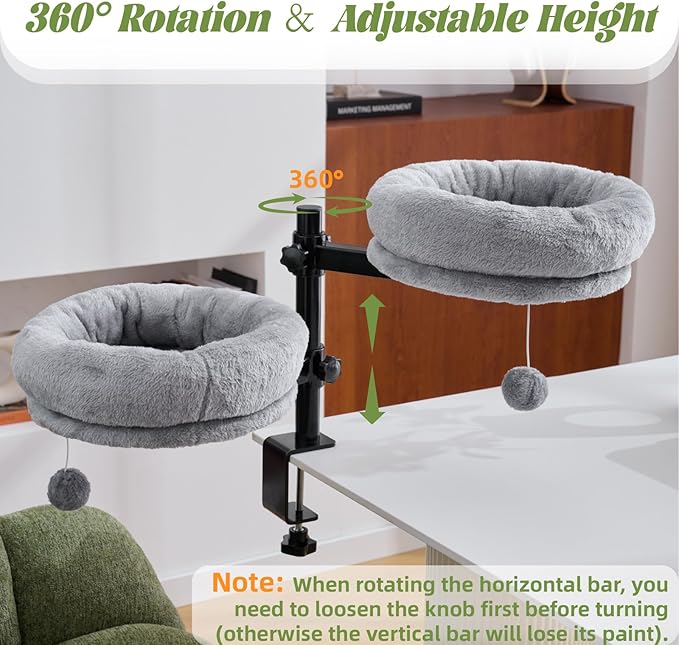 BYBYME Cat Desk Bed for Indoor Cats, Kitty Bed for Worktable Supports 44 lbs, 360° Rotation & Adjustable, Soft Cat Nest Desktop with Hanging Ball for Office Desks Home Tables, 12" in Diameter（Gray）