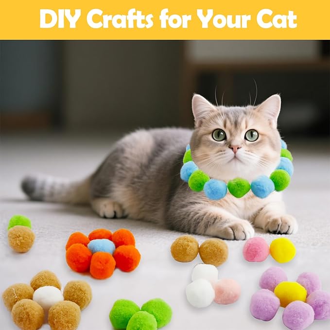 120 Pcs Cat Pom Pom Balls with 2 Pcs Launchers, Plush Exciting Interactive Cat Toys for Indoor Cats, Silent Soft Kitty Toys Ball Launcher Set, Active Kitten Toy Supplies