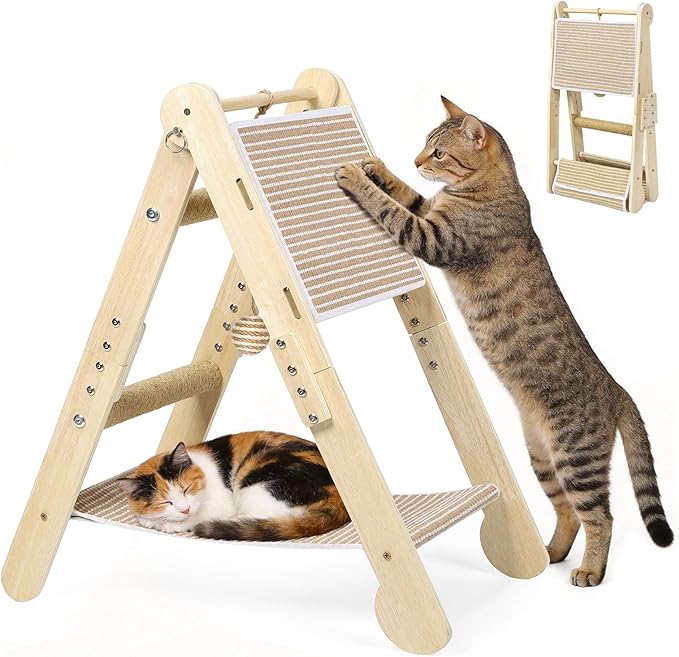 4 In1 Cat Scratching Post Triangular Cat Scratcher for Indoor Cats Kittens, Vertical Cat Scratch Board with Jute Cat Bed, Climbing Ramp and Hanging Ball Toy, Foldable Interactive Scratchers