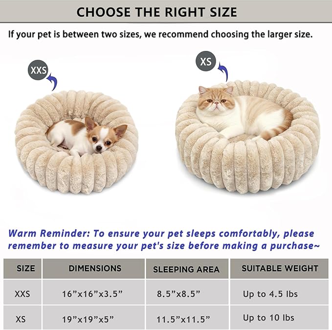 Small Pet Bed for Indoor Cats and Puppy - Washable Donut Extra Small Dog Beds for Small Dogs with Anti Slip Bottom, Fluffy Calming Round Bed for Puppy & Kitten Cozy Sleep, Beige, XS -19 Inch