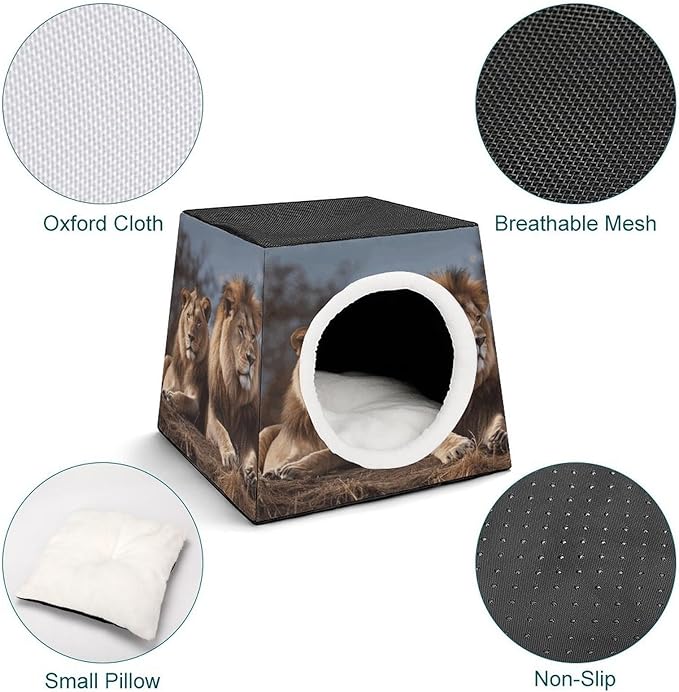 Cat Cave Cat Beds for Indoor Cats Two Lions Foldable Cat Hideaway with Washable Cushion and Non-Slip Base
