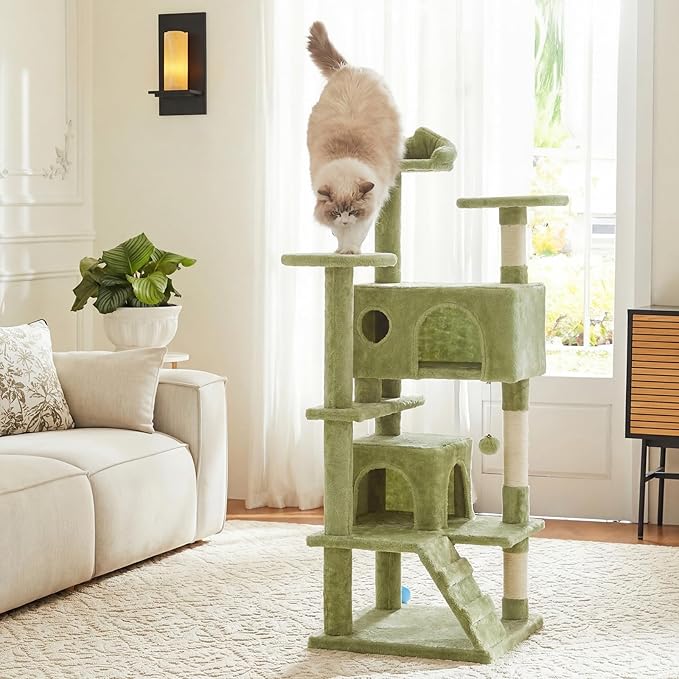 Cat Tree 54 Inch, Multi-Level Cat Tower with Condo, Perches, Sisal Scratching Posts and Climbing Ladder, Pet Play Toy Balls House for Indoor Cats, Green