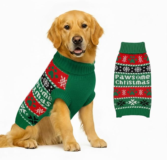 Dog Sweater Knitted for Small to Large Dogs Boy Girl, Classic Turtleneck Dog Christmas Sweaters, Warm & Soft Pet Clothes for Winter (Santa Green, L)