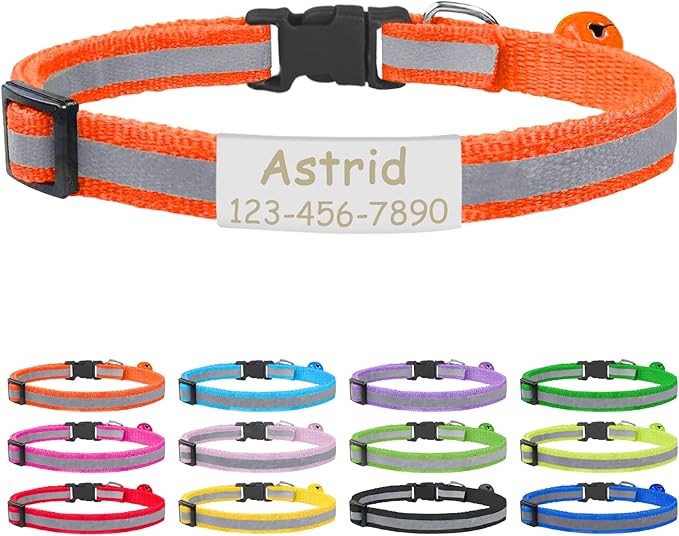 CAMAL Cat Collar with Name Tag, Reflective Cat Collar Breakaway for Kitten Puppy, Personalized Cat Collar, Adjustable 7.5"-12.5" (Orange)
