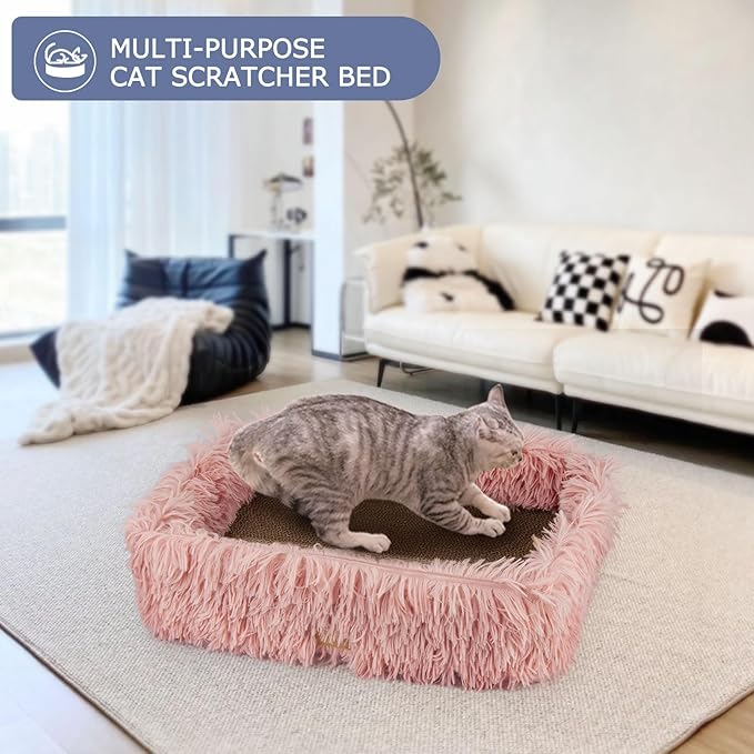 Fluffy Cat Scratcher Bed Box with Removable Cardboard, Corrugated Board Rectangular Cat Scratching Lounge, Pet Scratch Pad for Furniture Protection (Pink)