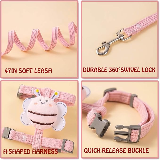 Cat Harness and Leash Set for Outdoor Travel Walking Escape Proof Soft Safe Adjustable Kitten Puppy Small Strap Cute Bee Wings Pink, M