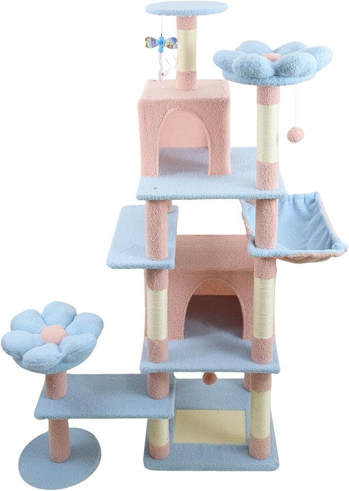 71" Flower Cute Cat Tree for Indoor Cats Large Adult, Tall Cat Tower with Scratching Post & Condo, Hammock, Aesthetic Cats Stand, Modern, Easy Assembly (Blue, 71" Tall)