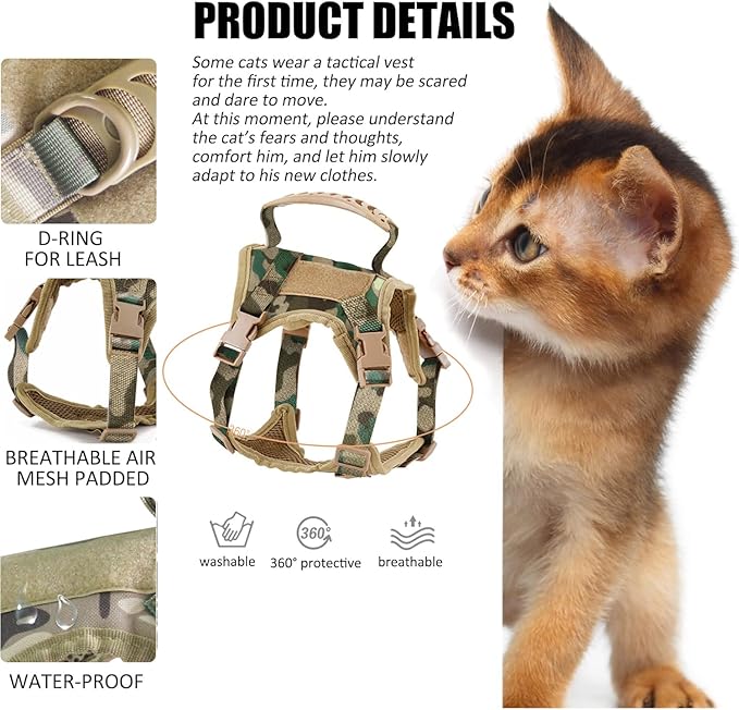 AIWAI Tactical Cat Harness for Walking Escape Proof, Adjustable Pet Vest Harness, Soft Mesh with Control Handle for Large Cat Small Dog, Gift with Patch (Camouflage, cat Harness only)