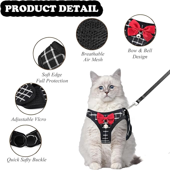 Cat Leash and Harness Set,Breathable Dog Harness,Pet Harness,Adjustable Mesh cat Harness and Leash Escape Proof for Puppy Cat Rabbit (Black, M)