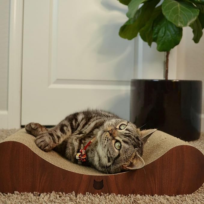 Necoichi Cardboard Cat Scratcher Bed for Indoor Cats - Cat Scratching Board, Horizontal Cat Scratch Pad Lounger with Reversible Usability and Extra Comfort for Lounge, Curved (Regular, Dark Cherry)