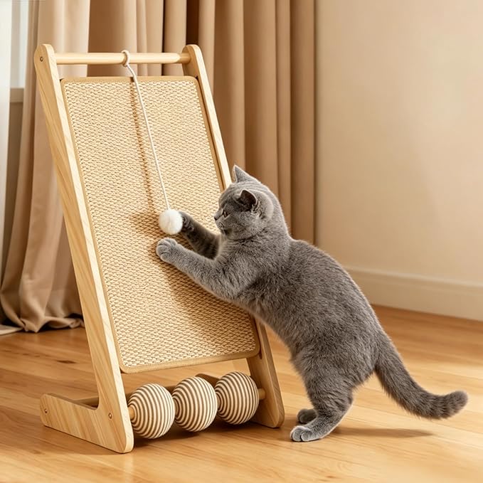 Sisal Cat Scratching Board, 23" Scratching Ramp for Indoor Kitty, L-Shaped Wooden Cat Furniture with Hanging Ball, Multi-Functional Cat Toy, Meets Scratching, Tapping & Pouncing Needs