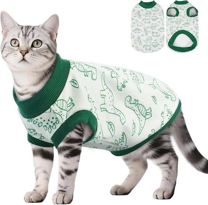 DENTRUN Sleeveless Cat Vest with Dinosaur Print, Breathable Ultra-Soft Dralon Fleece Cat Sweater, All-Season Pet Costume Apparel for Cats, Kitten Clothing for Indoor/Outdoor, Green, XXL