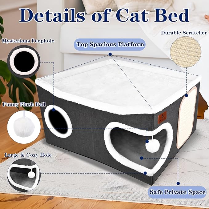 Extra Large Cat Beds for Indoor Cats, Covered Cat Cave Beds & Furniture with Scratch Pad and Fluffy Ball, Foldable Cat Condo with Reversible Cushion for Multi Small Pet Large Kittens, Dark Grey