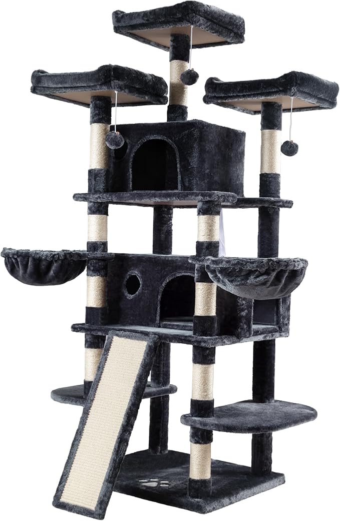 IMUsee 68 Inches Multi-Level Large Cat Tree for Large Kitties/Big Cat Tower with Condo/Cozy Plush Perches/Sisal Scratching Posts and Hammocks/ ‌Feline Activity Center Play House/Smoky Grey