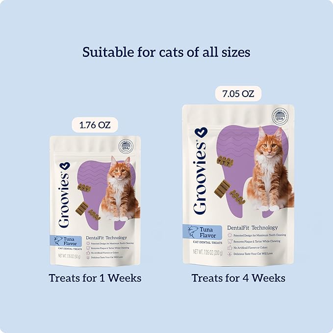 Groovies Cat Daily Dental Treats. Tasty, Crunchy Bites Cats Love. Tuna Flavor. Powered by USA-Patented DentalFit Technology. No Added Gluten, No Artificial Flavors or Colors. 7.05oz (460 Treats)