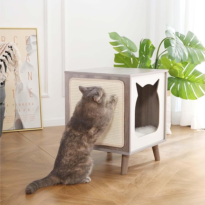 Cat House Wooden Cat Condo Cube Shaped,Modern Cat Bed Side Table & Nightstand,Cat Shelter Furniture with Cushion Cat Scratch Pad,Grey