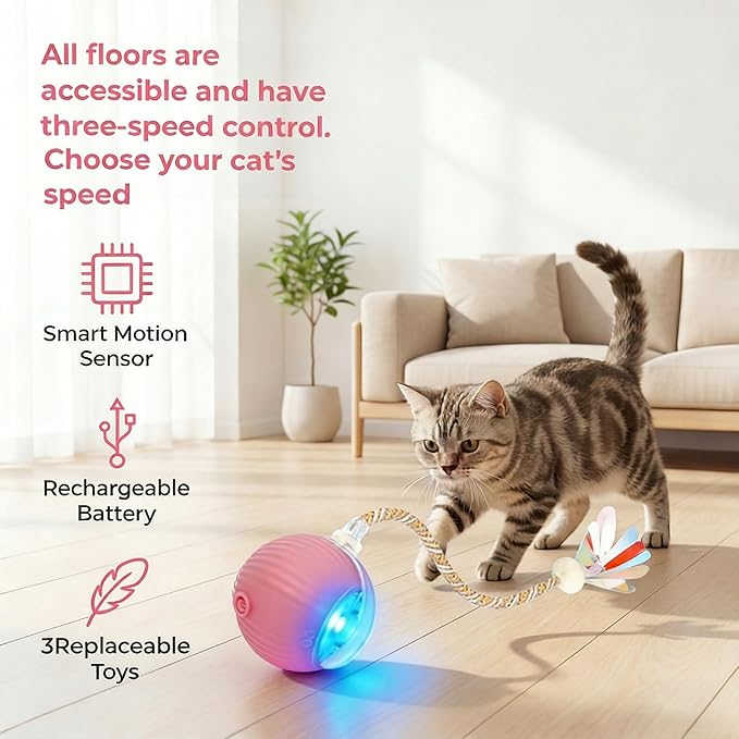 Rechargeable Smart Rolling Cat Ball, Automatic Interactive Cat Toy with 3 Modes, LED Light & 3 Replaceable Accessories, Indoor Cat Exercise Toy for Kittens & Adult Cats, for Boredom Relief Sky blue