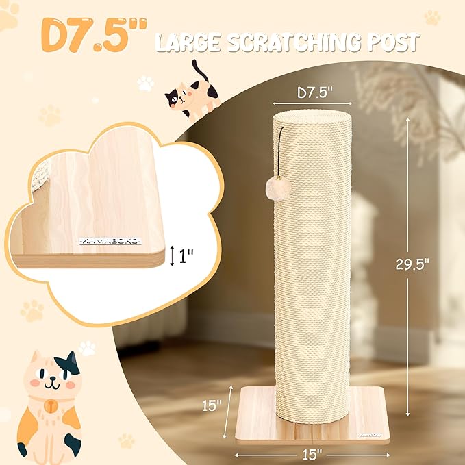 NUNU LAB 29.5 Inch Cat Scratching Post, 7.5 Inch Large Diameter Natural Sisal Cat Scratch Post, Scratch-Resistant Tall Cat Scratcher for Indoor Cats, Protect Your Furniture 1PCS (29.5" 1Pcs)