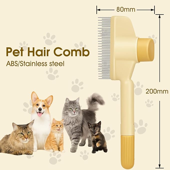 Self-Cleaning Cat and Dog Comb – 2-in-1 Pet Hair Removal and Flea Comb with Stainless Steel Teeth and One-touch Release Button, Suitable for Hair Removal, Detangling, and Grooming Yellow