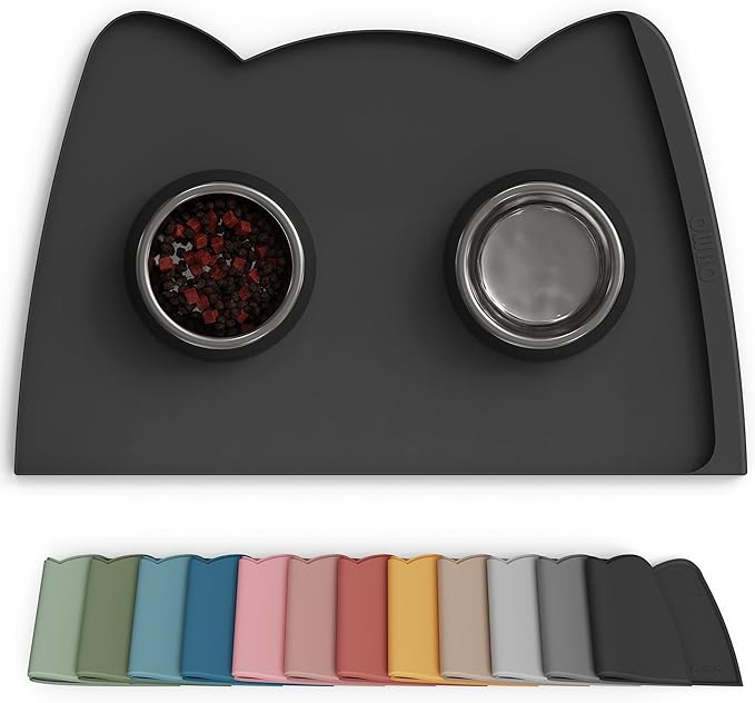 OHMO Dog Food Mat(Black, 24 * 15'') w/Residue Collection Pocket Silicone Pet Feeding Mat for Floor High Edges Anti Spills Waterproof Cat Water Bowl Tray, Easy Clean Placemat