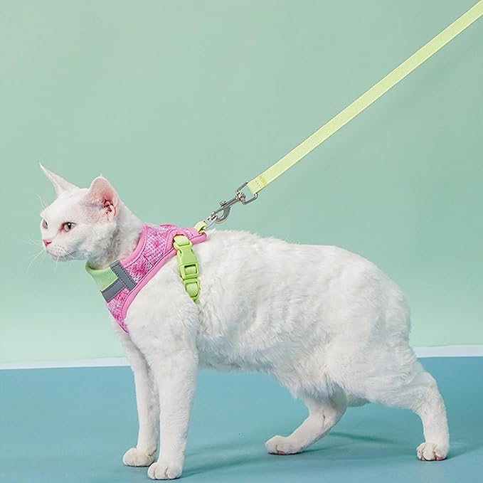 Cat Harness and Leash Set for Comfortable Outdoor Walking, Escape Proof, Adjustable Soft Kitten Vest Harness with Reflective Strip for Cats, Small Dogs (Pink Green, S)
