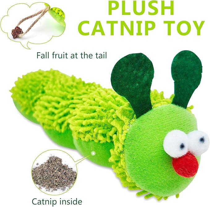 Cat Catnip Toy for Indoor Cats,3 Pack Interactive Plush Caterpillar Kicker Toy with Gall Fruit & Crinkle Paper, Durable Silvervine Chew Toy for Kitty Teeth Cleaning, Boredom Relief & Dental Health