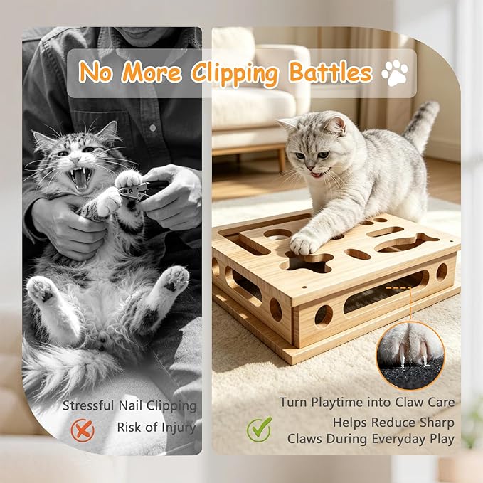 Cat Scratch Puzzle Enrichment Box, Cat Nail File Scratcher Toy Box with Sandpaper Inside, Help Reduce Stress for Trimming Nails, Wooden Claw Care Saver Box for Indoor Cats of All Breeds & Ages