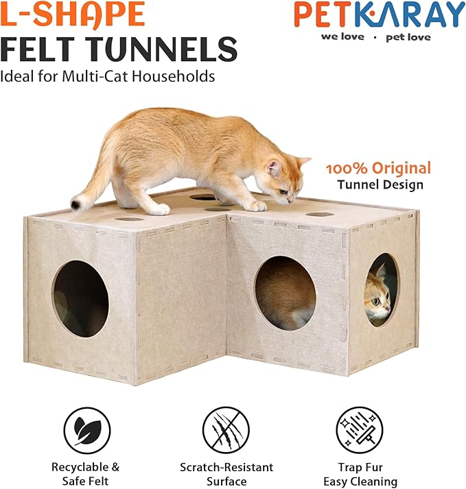 PETKARAY Cat Tunnel, Original Cat Hideaway Cave for Indoor Cats, Large Kitten Play Tubes and Tunnels, Soft Felt Cat Toy with Interactive Peek Hole, Beige L Shape