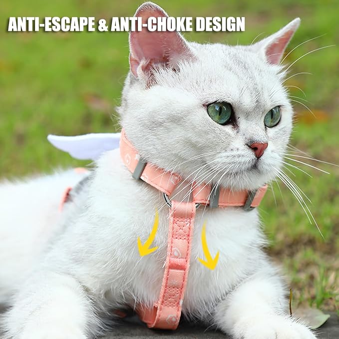 Cat Harness and Leash Set for Outdoor Travel Walking Escape Proof Soft Safe Adjustable Kitten Puppy Small Strap Cute Angel Style, Pink Wing, M