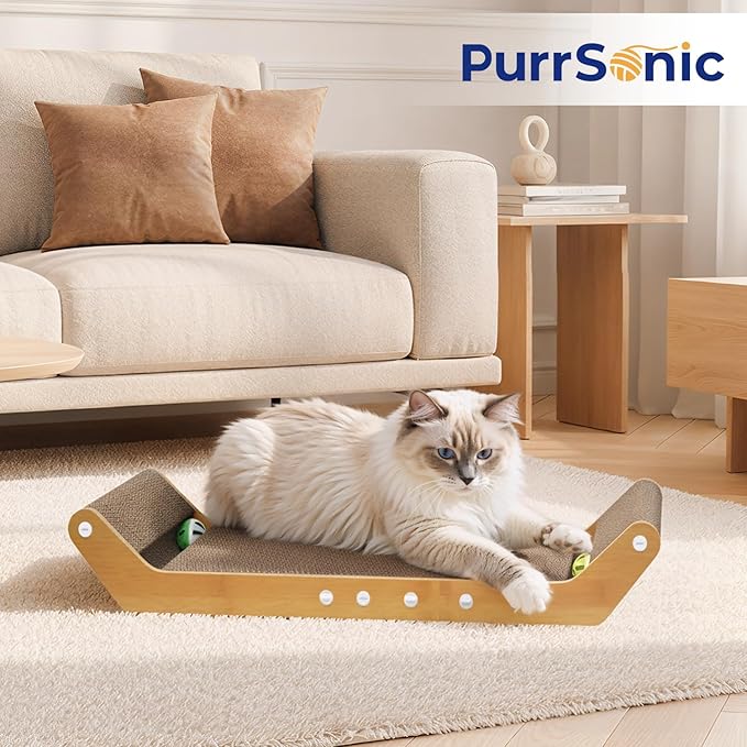 Large Cat Scratching Cardboard Pad, 24" Indoor Horizontal Corrugated Scratcher Bed with Interactive Ball Track, 2-in-1 Reversible Activity Board Lounger for Kitten Claws, Strong High Density