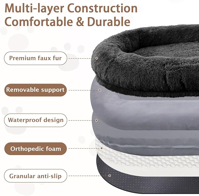 ROOMTEC Human Dog Bed, 78''x51''x12'' Size Fits Adult and Pet Washable Giant People Bed 10 CM Thick Memory Foam Large Oversize Pet Bed with Plump Pillow, Blanket, Strap - Black
