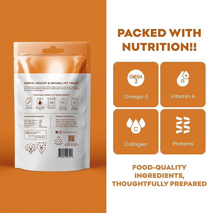 Skona PetFood Premium Chewy Dehydrated Chicken Breast Jerky for Dogs & Cats, 1 lb of Chicken Breast Dehydrated to 4 oz, Single Ingredient High Protein Training Treat, Supports Digestion & Liver Health