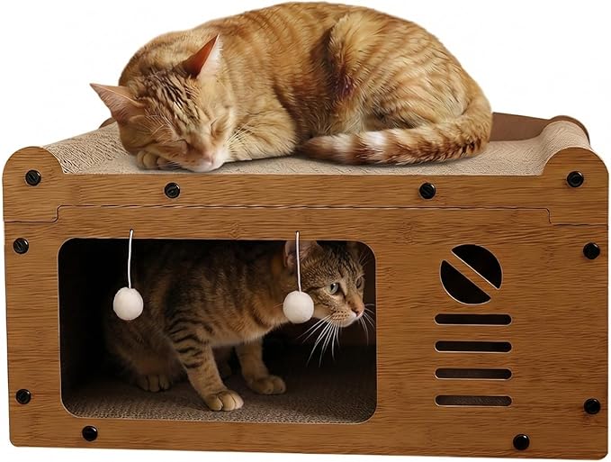 Luxury Cat Scratcher House, Retro TV Shaped Cat Condo, Large Cardboard Cat Scratching Board with Premium Dark Walnut Finish, Elegant Pet Furniture, 22x12x12in