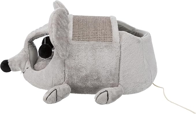 TRIXIE Lukas Cuddly Cave in Gray - Mouse-Shaped Cat Hideaway with Sisal Scratching Surface, Crinkle Ears & Interactive Cat Toys for Indoor Cats – Plush Condo, Removable Cush. 13.8" × 25.6" × 13", Gray