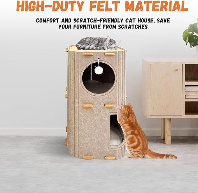 Homegroove Cat House for Indoor Cats, 2-Storey Cozy Felt Cat Bed Cave with Tunnel Hideaway, Large Multi-Cat Condo for Rest & Play (Camel, Large)